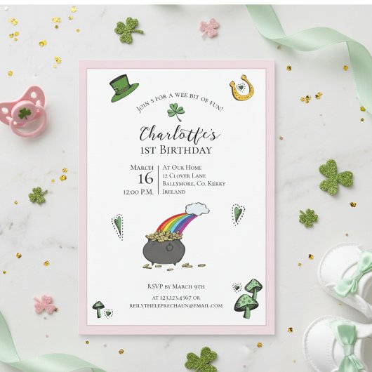 Invitation Jour de la Saint Patrick rose arc-en-ciel 1er anni