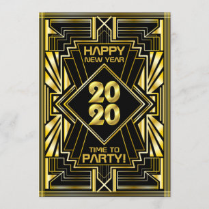 Invitation Jour de l'An Art Déco 2020 Gold Black Gatsby