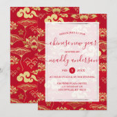 Invitation Jour de l'an Rouge or Lotus Floral Party (Devant / Derrière)