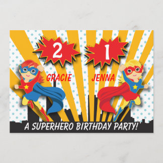 Invitation Jour de l'anniversaire de Twins Superhero | Filles