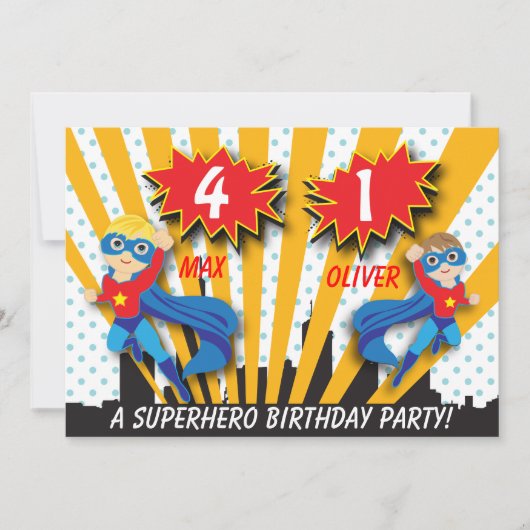 Invitation Jour de l'anniversaire de Twins Superhero | Garçon (Devant)