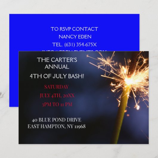 Invitation Jour de l'Indépendance du 4 juillet bleu Sparkler (Devant / Derrière)