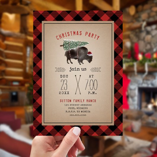 Invitation Jour de Noël Buffalo Bison Arbre Rustique Plaid
