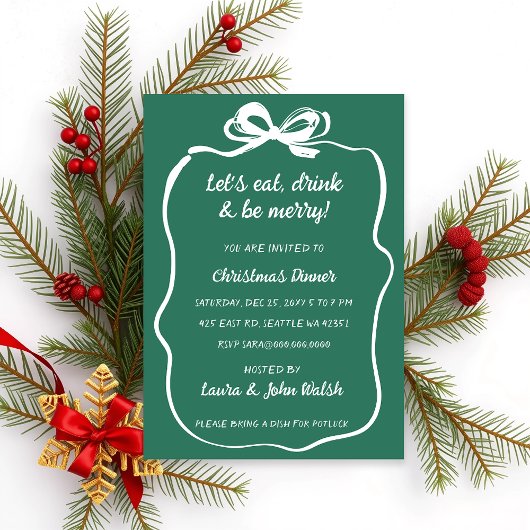 Invitation Jour de Noël de la Bow blanche verte à la main