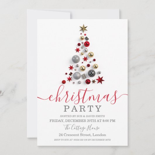 Invitation Jour de Noël Gold Red Bauble Tree (Devant)