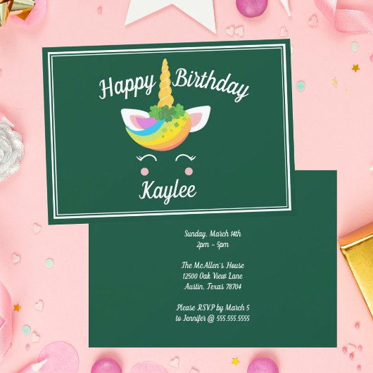 Invitation Jour de Saint-Patricks Unicorn Green Anniversaire 