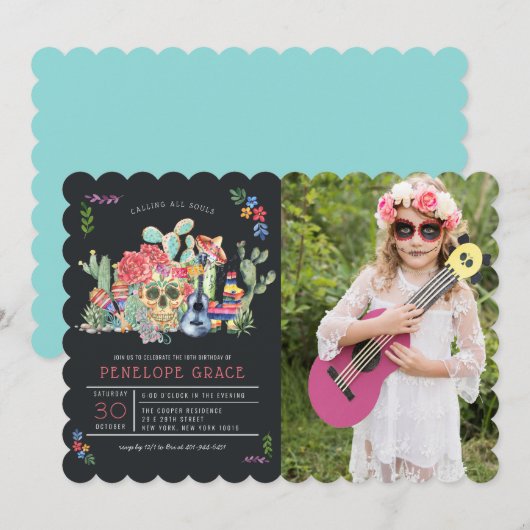 Invitation Jour des Crânes de sucre de la fête des Anniversai (Devant / Derrière)