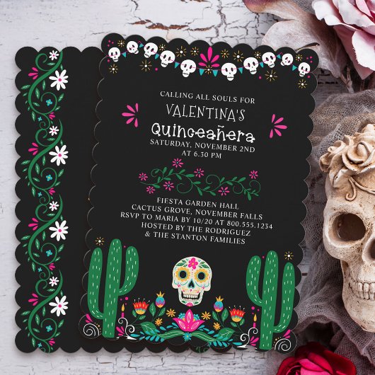 Invitation Jour des Crânes Floraux Morts Quinceanera