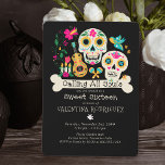 Invitation Jour des morts Appeler tous les Âmes Sweet sixteen<br><div class="desc">Day of the Dead Sweet 16 Invitation avec des crânes à sucre fleuris, art populaire mexicain, bougies et un os, écrit avec Calling All Souls. Sweet sixteen et le nom de la fille d'anniversaire est écrit en os et typographie décalée et le modèle est prêt pour vous à customiser avec...</div>