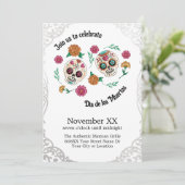Invitation Jour des Morts crânes de sucre et fleurs Argent (Debout devant)