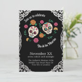 Invitation Jour des Morts crânes et fleurs de sucre Noir (Debout devant)