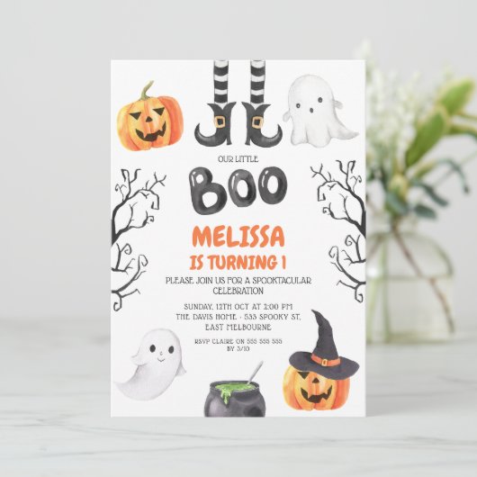 Invitation Jour d'Halloween Black Orange Little Boo (Debout devant)