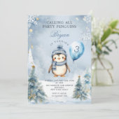 Invitation Jour d'hiver Penguin Bleu Noël 3e anniversaire (Debout devant)