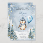 Invitation Jour d'hiver Penguin Bleu Noël 3e anniversaire (Devant / Derrière)