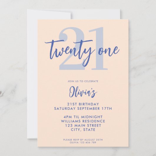 Invitation Jour lumière moderne Pêche bleu élégant 21e annive (Devant)