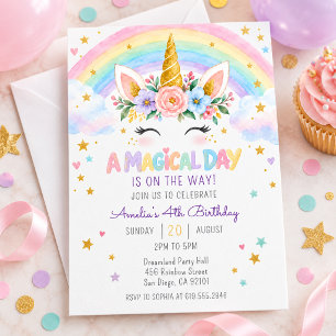 Invitation Jour Magique Licorne Arc-en-Ciel 4ème Anniversaire