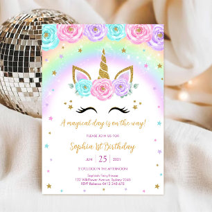 Invitation Jour Magique Licorne et Arc-en-Ciel Anniversaire