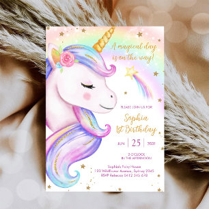 Invitation Jour Magique Licorne et Arc-en-ciel Anniversaire
