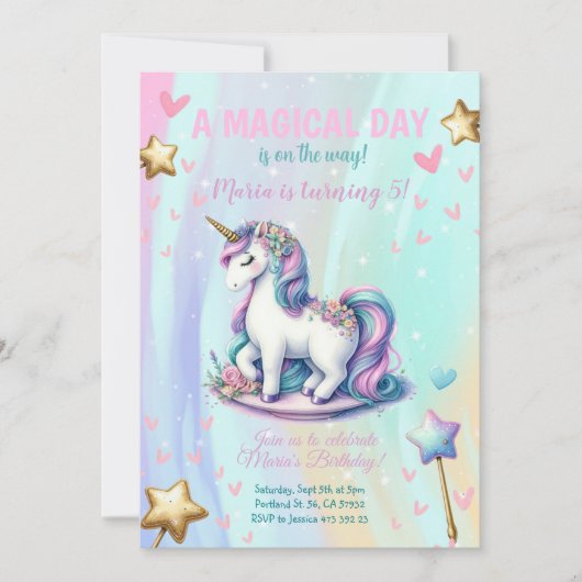 Invitation Jour magique Unicorn Anniversaire de enfant Party (Devant)