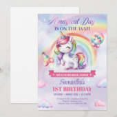 Invitation Jour magique Unicorne et Rainbows premier annivers (Devant / Derrière)