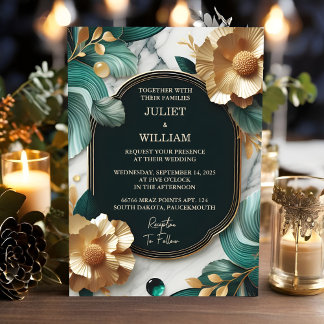 Invitation Jour Marbre Monstera Emerald Vert Et Or Mariage