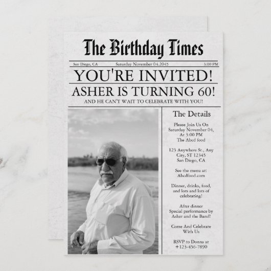 Invitation Journal Amusement unique 60e anniversaire Photo Pa (Devant / Derrière)