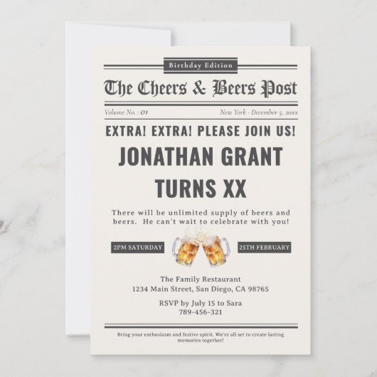 Invitation Journal Brasserie Cheers & Bières Fête d'anniversa (Devant)