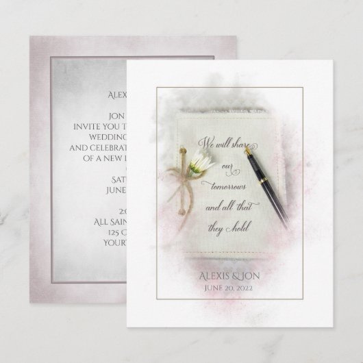 Invitation Journal mariage avec plume et marguerite (Devant / Derrière)