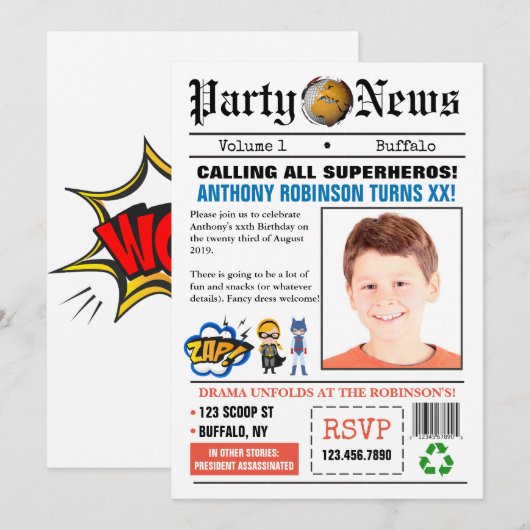 Invitation Journal Superhero fête d'anniversaire photo Invita (Devant / Derrière)