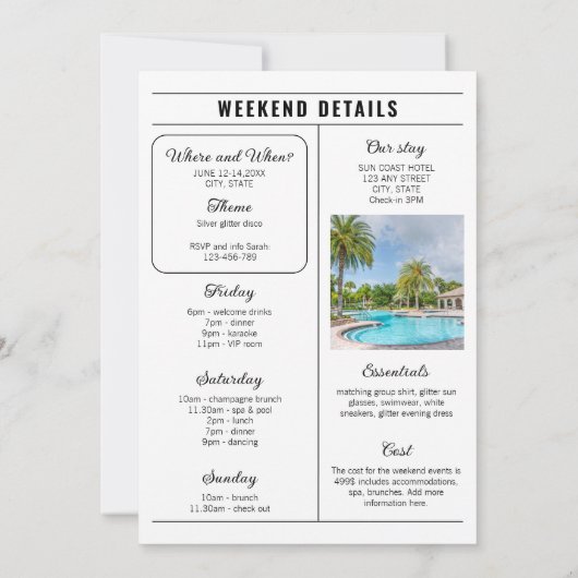 Invitation Journal Unique Bachelorette Week-end Itinéraire (Dos)