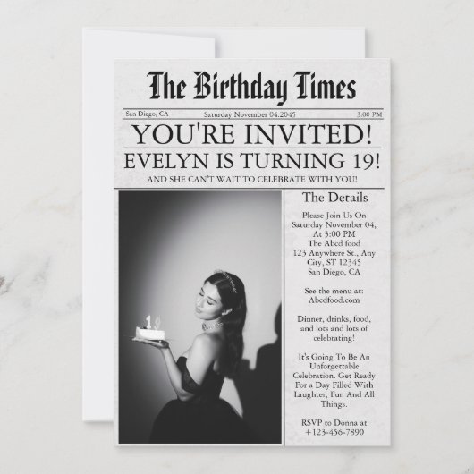 Invitation Journal Unique Fun Photo 19e Anniversaire (Devant)