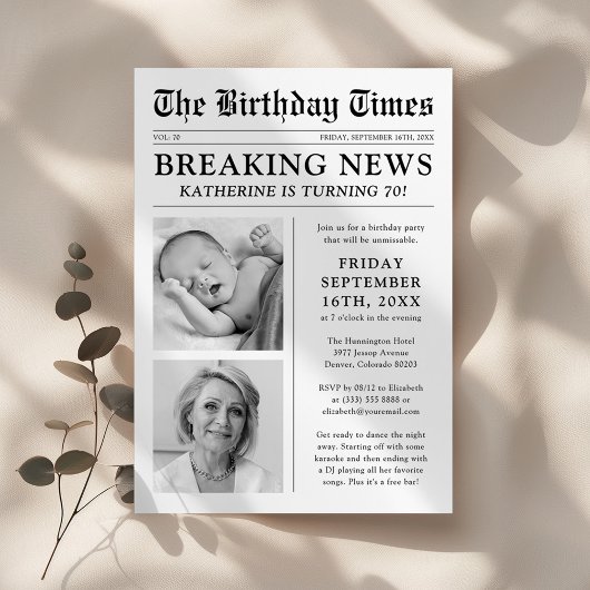 Invitation Journée d'anniversaire avec un journal unique pour