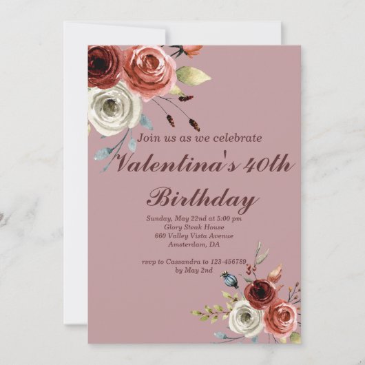 Invitation Jovely Watercolor Roses 40e anniversaire Invitatio (Devant)