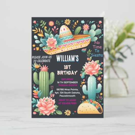 Invitation joy cactus mignon uno taco première fête 1er anniv (Debout devant)