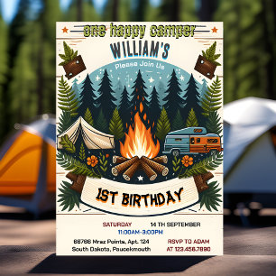 Invitation Joy Cute Nature Boys One Happy Camper 1er Annivers