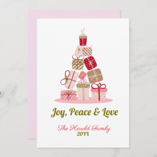 Invitation Joy Peace and Love Christmas Tree Card (Devant / Derrière)