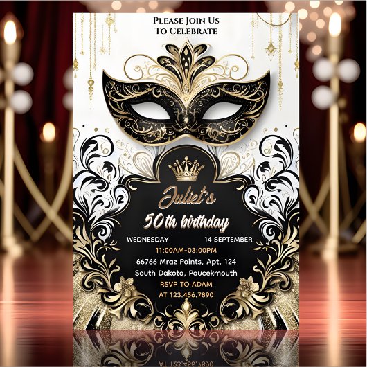Invitation Joy Tutu Black Gold Chic Masquerade 50e anniversai