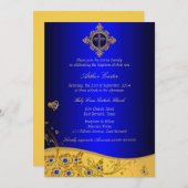 Invitation Joyau bleu royal Floral & Cross Baptême (Devant / Derrière)