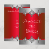 Invitation Joyau d'argent rouge élégant 21e anniversaire (Devant / Derrière)