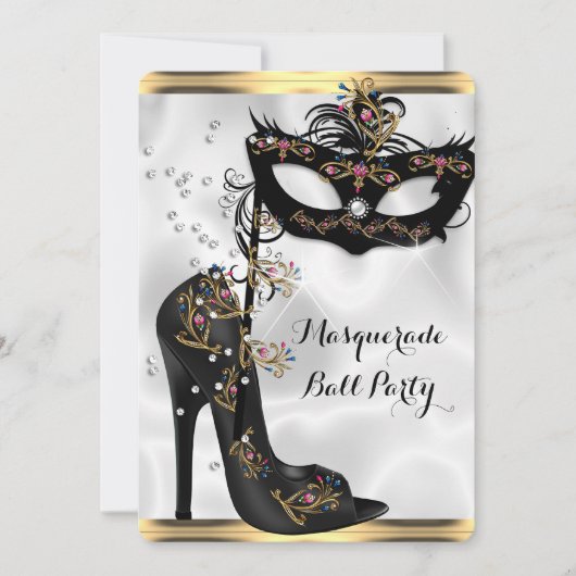 Invitation Joyau de bal Mascarade Noir Blanc Or (Devant)