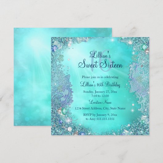 Invitation Joyau de l'océan turquoise Sweet 16 Anniversaire (Devant / Derrière)
