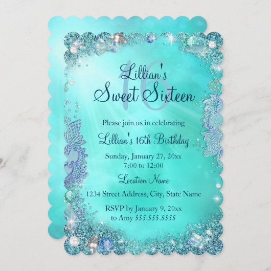 Invitation Joyau de l'océan turquoise Sweet 16 Anniversaire I (Devant / Derrière)