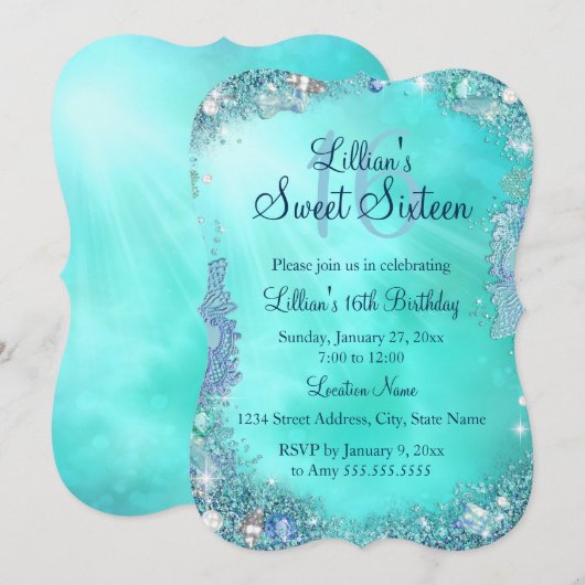 Invitation Joyau de l'océan turquoise Sweet 16 Anniversaire I (Devant / Derrière)