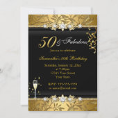 Invitation Joyau d'or feuille 50 fabuleux anniversaire noir (Devant)