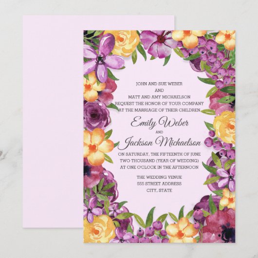 Invitation Joyau jaune violet ton Mariage floral (Devant / Derrière)