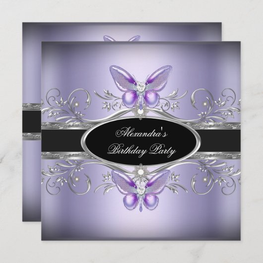 Invitation Joyau noir violet en argent Fête d'anniversaire (Devant / Derrière)