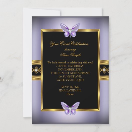 Invitation Joyau noir violet or Fête d'anniversaire (Dos)