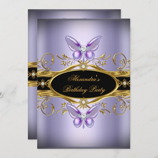 Invitation Joyau noir violet or Fête d'anniversaire (Devant / Derrière)