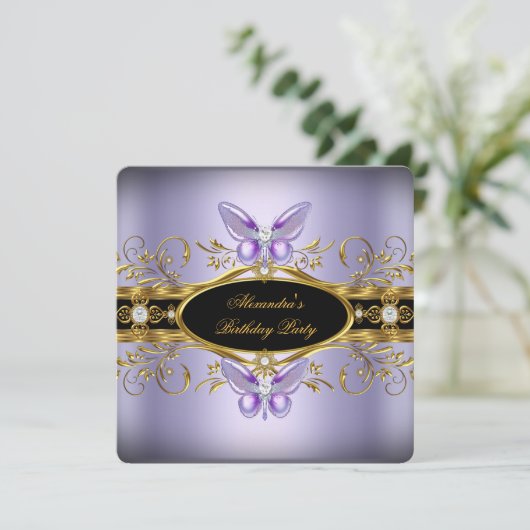 Invitation Joyau noir violet or Fête d'anniversaire (Debout devant)