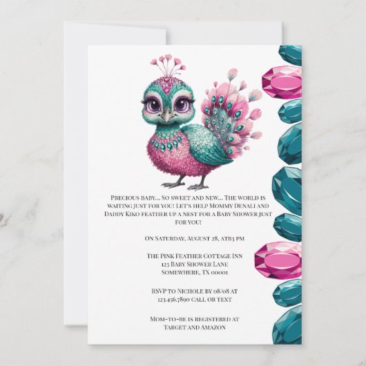 Invitation Joyau rose et Turquoise Baby shower Peacock bébé (Devant)